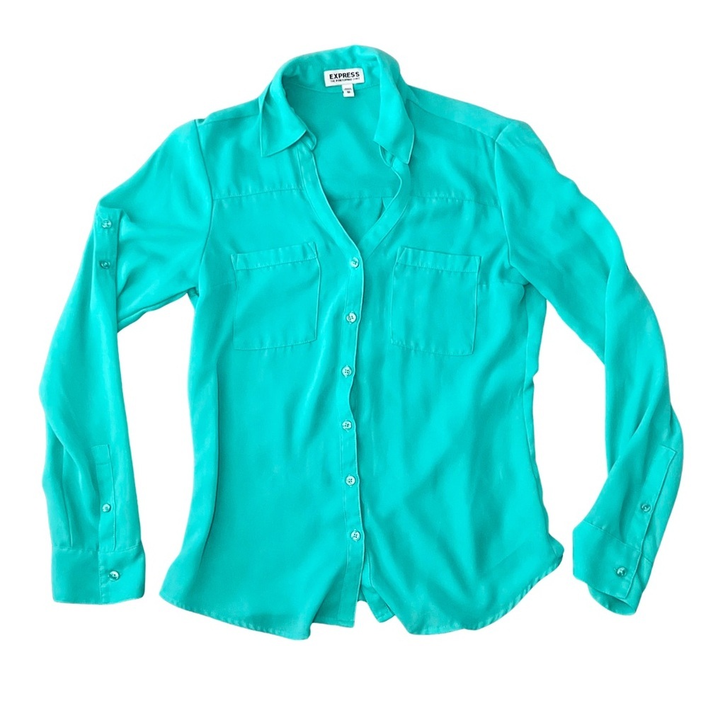 Express Portofino Shirt XS Teal Button Front Blouse Long Sleeve